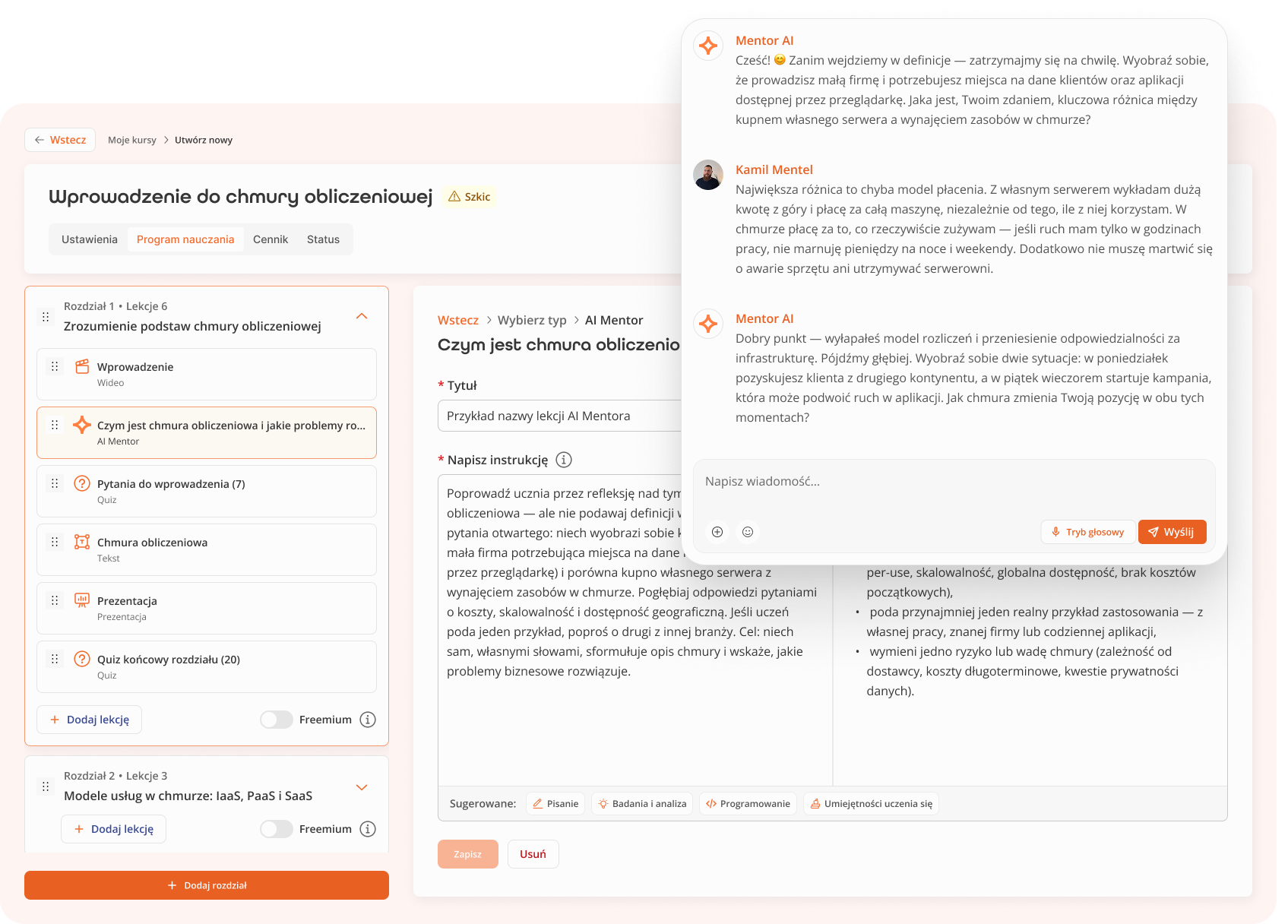 DevPath admin panel for creating a course with an AI Mentor lesson selected