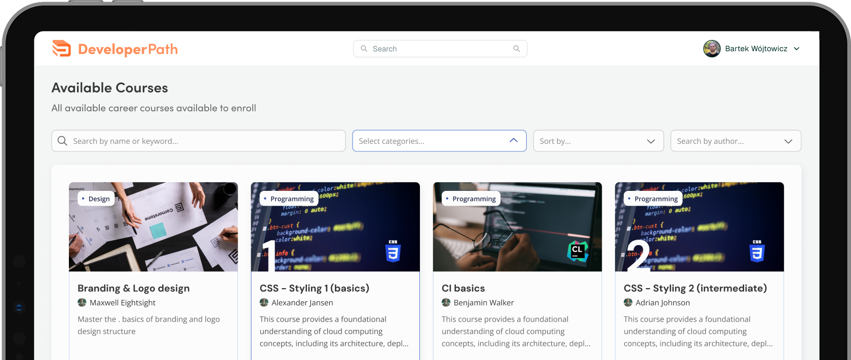 DevPath platform view with available courses displayed on a laptop screen