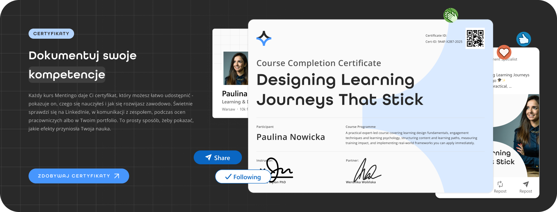 Sekcja Mentingo prezentująca certyfikaty i osiągnięcia do udostępniania