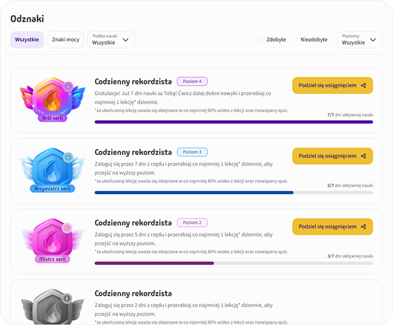Screen with badges and gamification elements in Skumani platform
