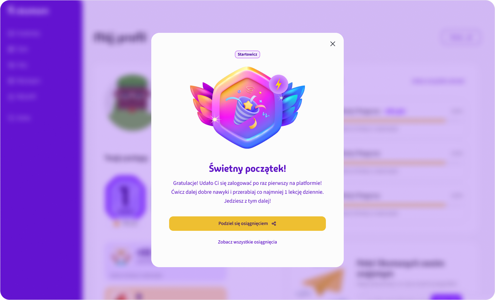 Achievement modal congratulating a student for first login in Skumani