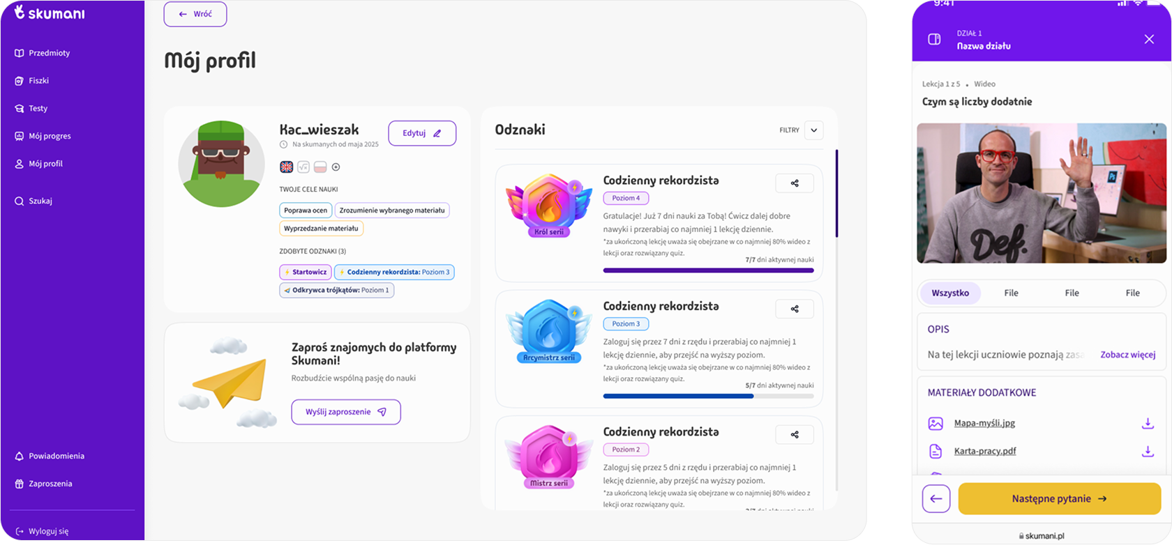 Student profile, badges, and mobile lesson view in Skumani