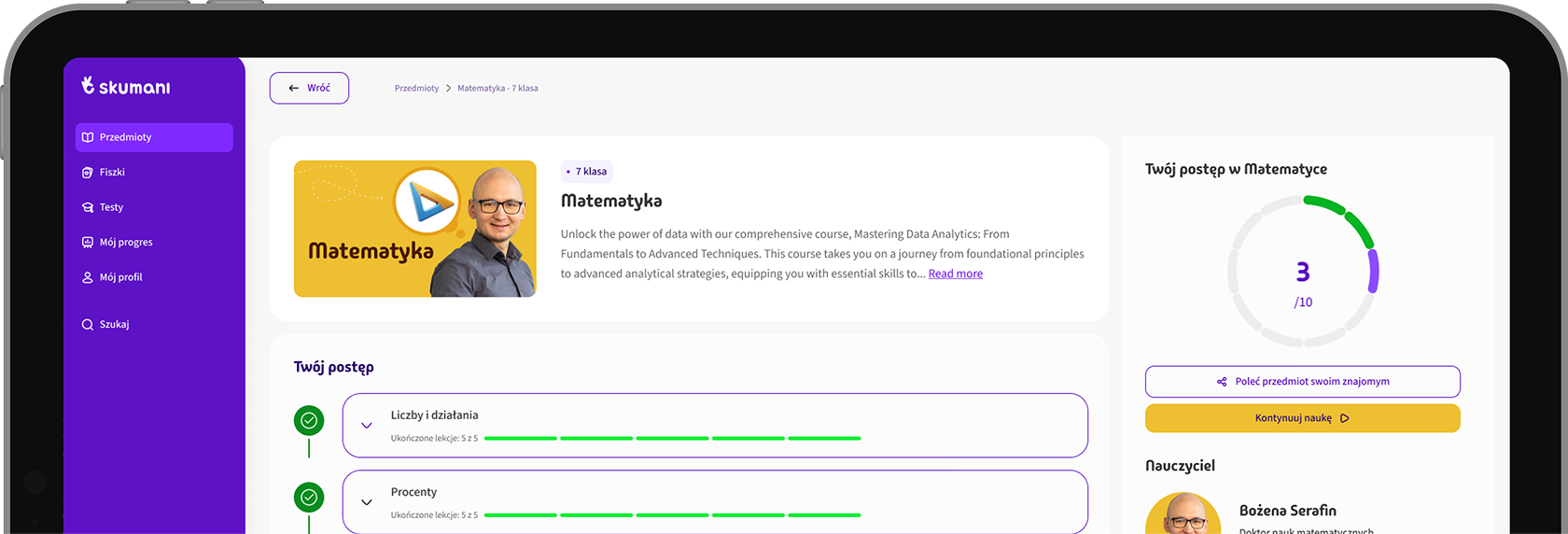 Podgląd interfejsu platformy Skumani na urządzeniu