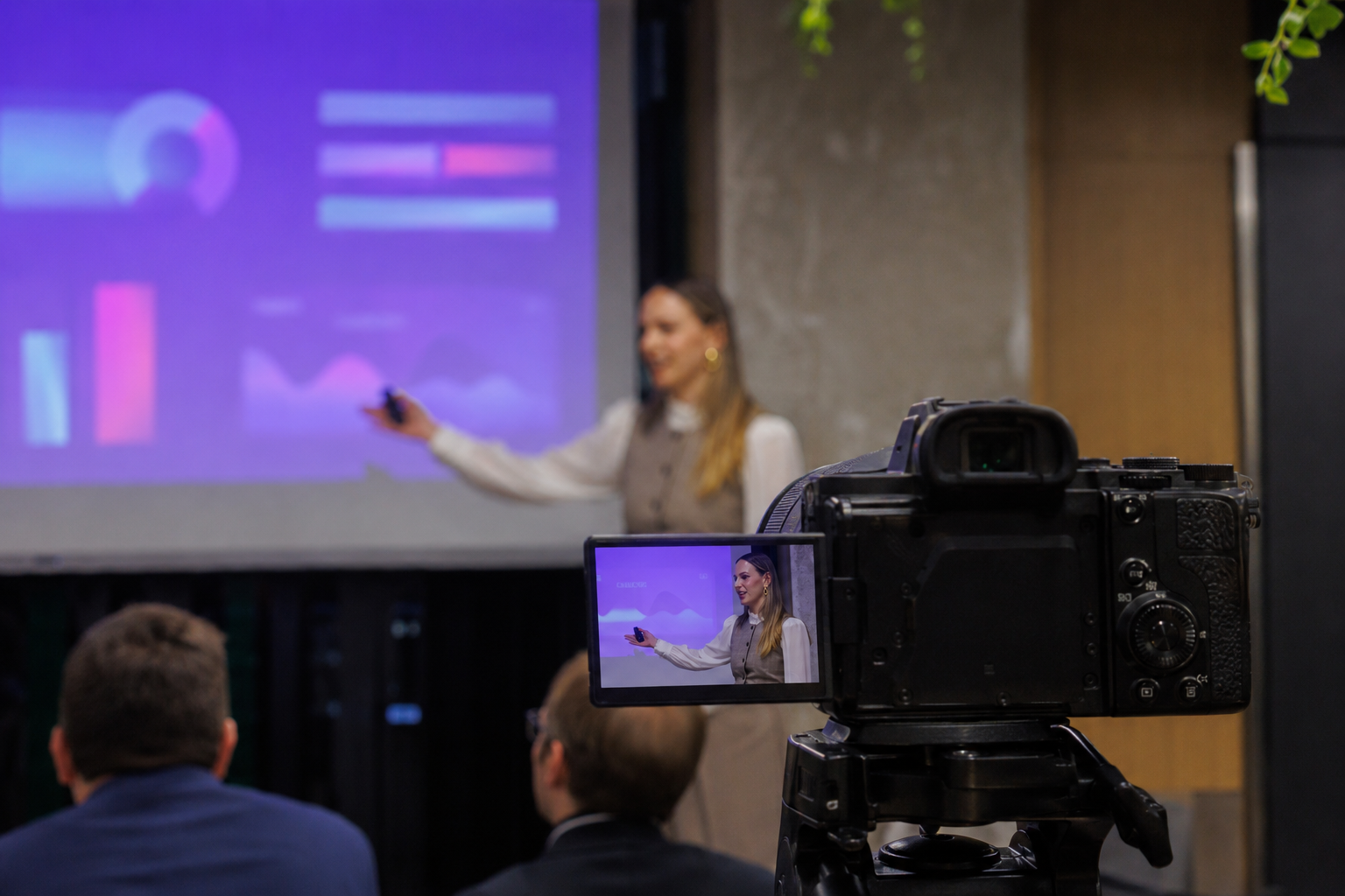 Webinar speaker presenting while being recorded